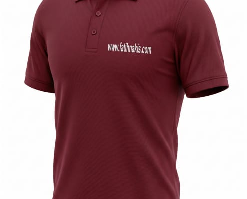 Maroon polo shirt with a three-button placket and the white text www.fatihnakis.com on the left chest.