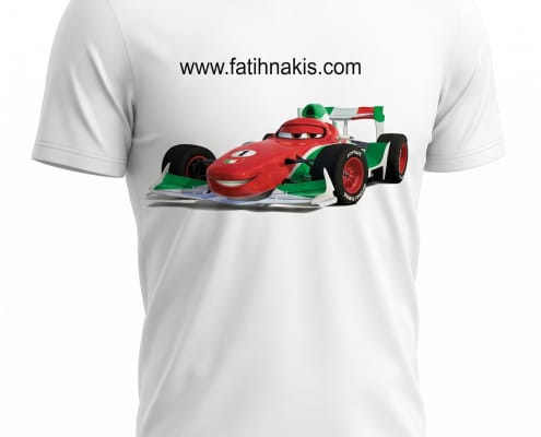 White T-shirt displaying a colorful racing car graphic with the URL www.fatihnakis.com above it.