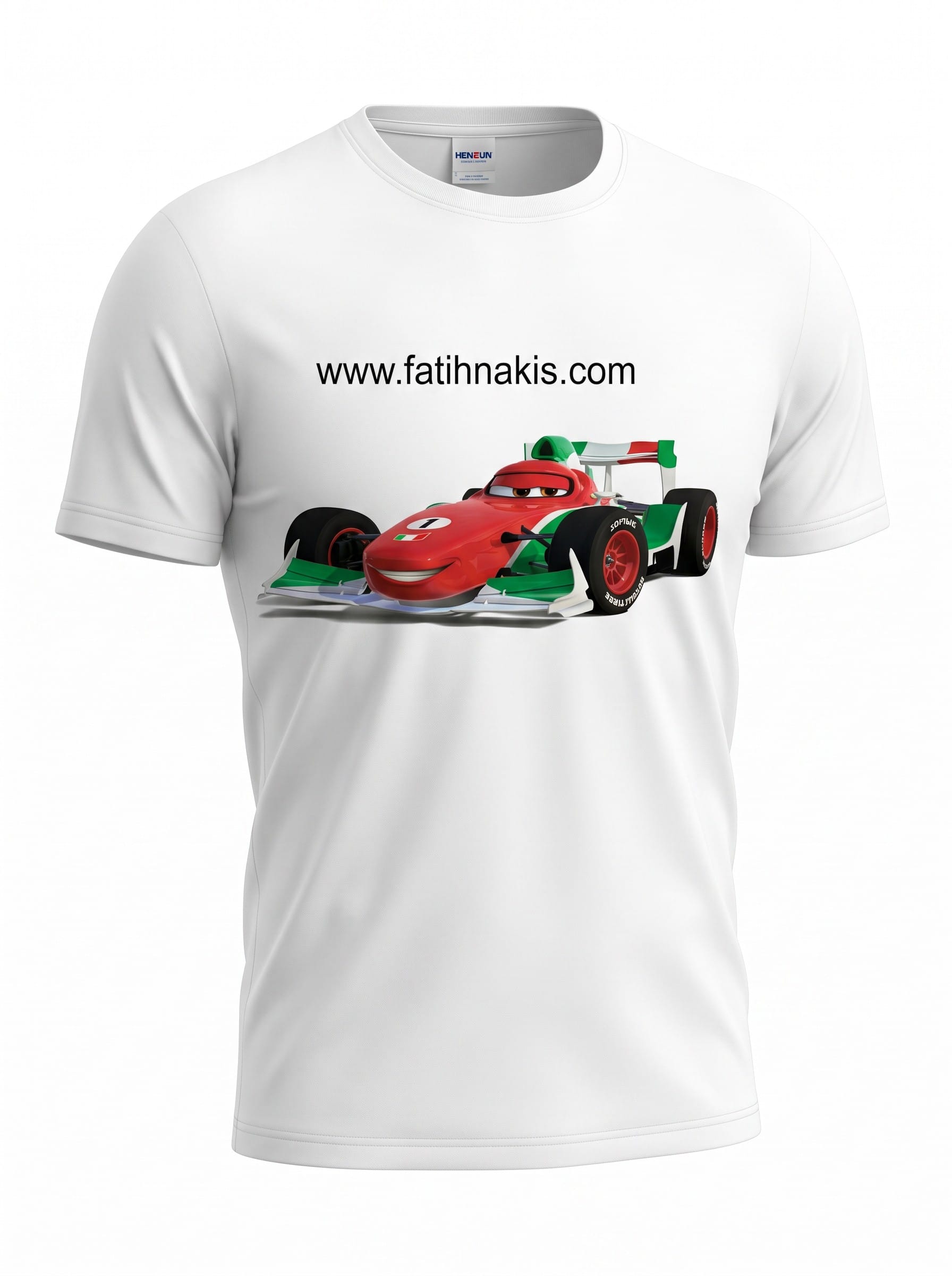 White T-shirt displaying a colorful racing car graphic with the URL www.fatihnakis.com above it.