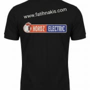 Back view of a black polo shirt featuring a white website URL www.fatihnakis.com across the shoulders and a Horoz Electric logo decal below the text.