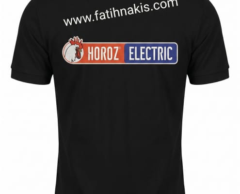 Back view of a black polo shirt featuring a white website URL www.fatihnakis.com across the shoulders and a Horoz Electric logo decal below the text.