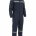 Navy blue work jumpsuit with reflective stripes across chest and knees, long sleeves, full-length legs, utility pockets.