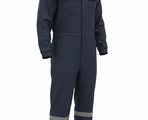 Navy blue work jumpsuit with reflective stripes across chest and knees, long sleeves, full-length legs, utility pockets.