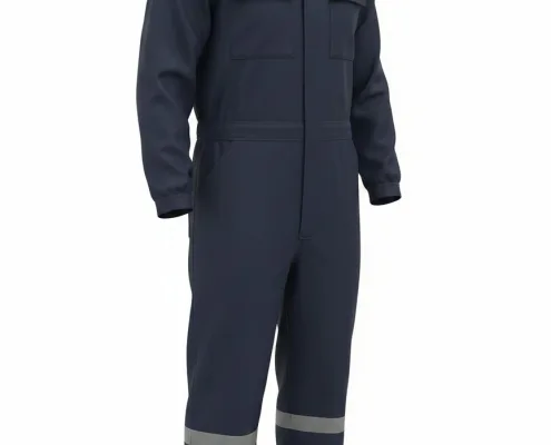 Navy blue work jumpsuit with reflective stripes across chest and knees, long sleeves, full-length legs, utility pockets.