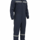 Navy blue work jumpsuit with reflective stripes across chest and knees, long sleeves, full-length legs, utility pockets.