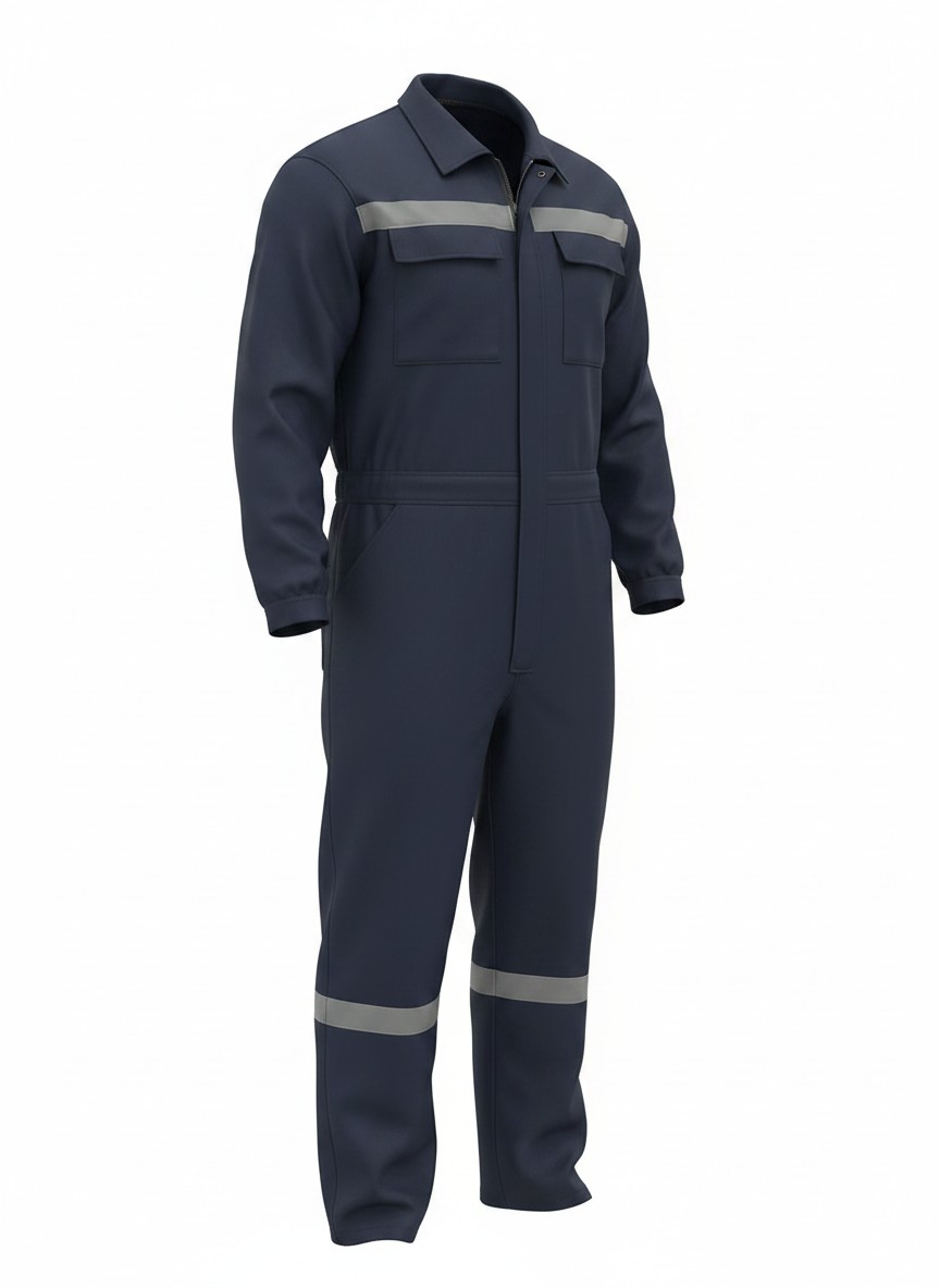16x12-pamuk-gabardin-boy-tulum-laciver-a-496e (Hayalet manken) Navy blue work jumpsuit with reflective stripes across chest and knees, long sleeves, full-length legs, utility pockets.