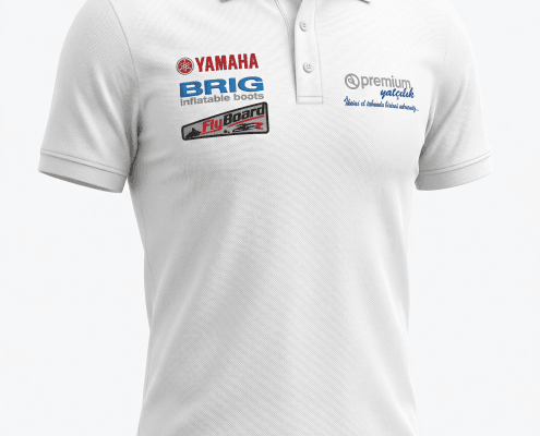 White polo shirt with sponsor logos (YAMAHA, BRIG inflatable boats, FlyBoard) on the chest area.
