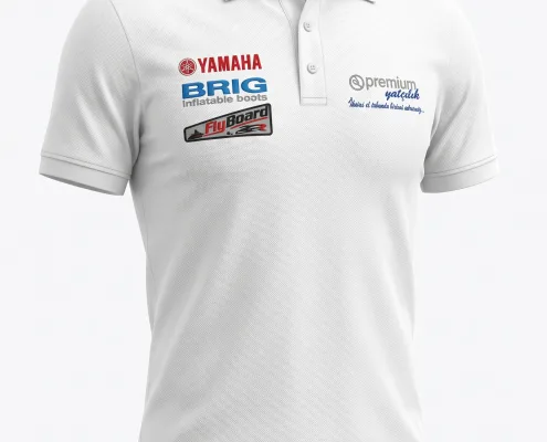 White polo shirt with sponsor logos (YAMAHA, BRIG inflatable boats, FlyBoard) on the chest area.