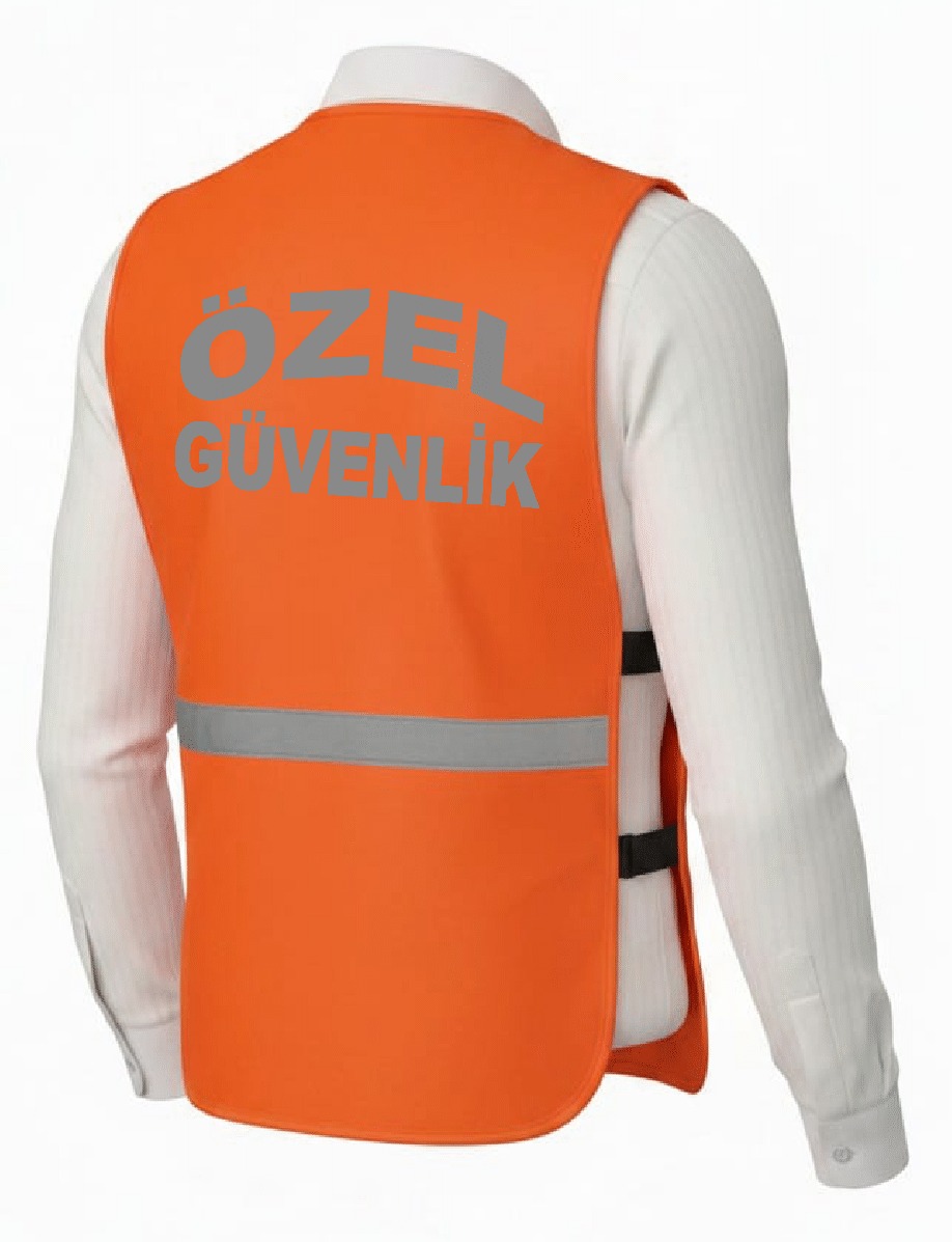 özel güvenlik organizasyon yeleği Orange high-visibility safety vest with a gray reflective band and the Turkish text 'ÖZEL GÜVENLİK' on the back (back view).
