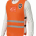 Mannequin torso wearing an orange high-visibility safety vest with two reflective stripes and a chest badge, over a white shirtplate silhouette