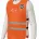 Mannequin torso wearing an orange high-visibility safety vest with two reflective stripes and a chest badge, over a white shirtplate silhouette