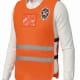 Mannequin torso wearing an orange high-visibility safety vest with two reflective stripes and a chest badge, over a white shirtplate silhouette
