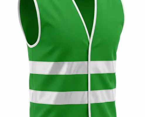 High-visibility green safety vest with white reflective trims and front zipper, shown on a white background.