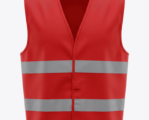 Red high-visibility safety vest with two horizontal reflective bands across the midsection, front view.