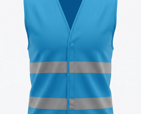 Blue high-visibility safety vest with two horizontal reflective bands around the waist, front view on a plain background