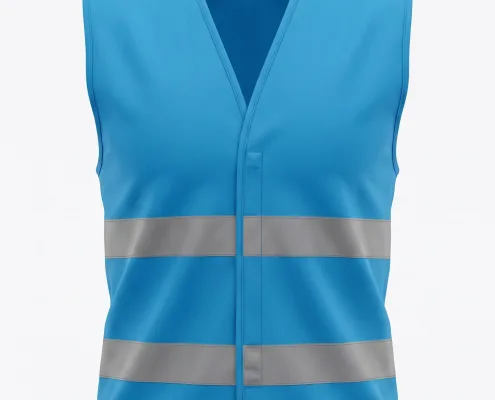 Blue high-visibility safety vest with two horizontal reflective bands around the waist, front view on a plain background
