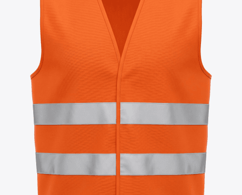 Front view of a bright orange high‑visibility safety vest with two reflective gray bands around the torso.
