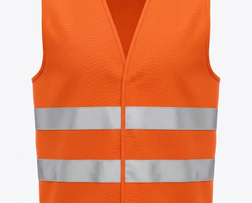 Front view of a bright orange high‑visibility safety vest with two reflective gray bands around the torso.