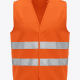 Front view of a bright orange high‑visibility safety vest with two reflective gray bands around the torso.